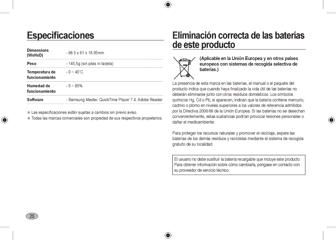 Samsung EC-NV24HSBB/E1, EC-NV24HBBA/E3, EC-NV24HBBB/FR, EC-NV24HBBA/E2 Eliminación correcta de las baterías de este producto 