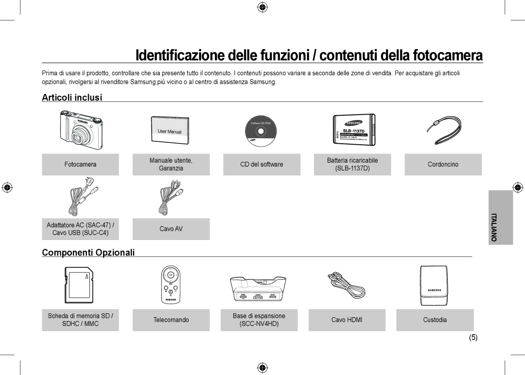 Samsung EC-NV24HBBC/IT, EC-NV24HBBA/E3, EC-NV24HBBB/FR, EC-NV24HBBA/E2, EC-NV24HSBA/FR Articoli inclusi, Componenti Opzionali 