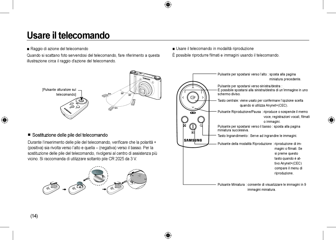 Samsung EC-NV24HSBE/AS Usare il telecomando,  Sostituzione delle pile del telecomando, Raggio di azione del telecomando 