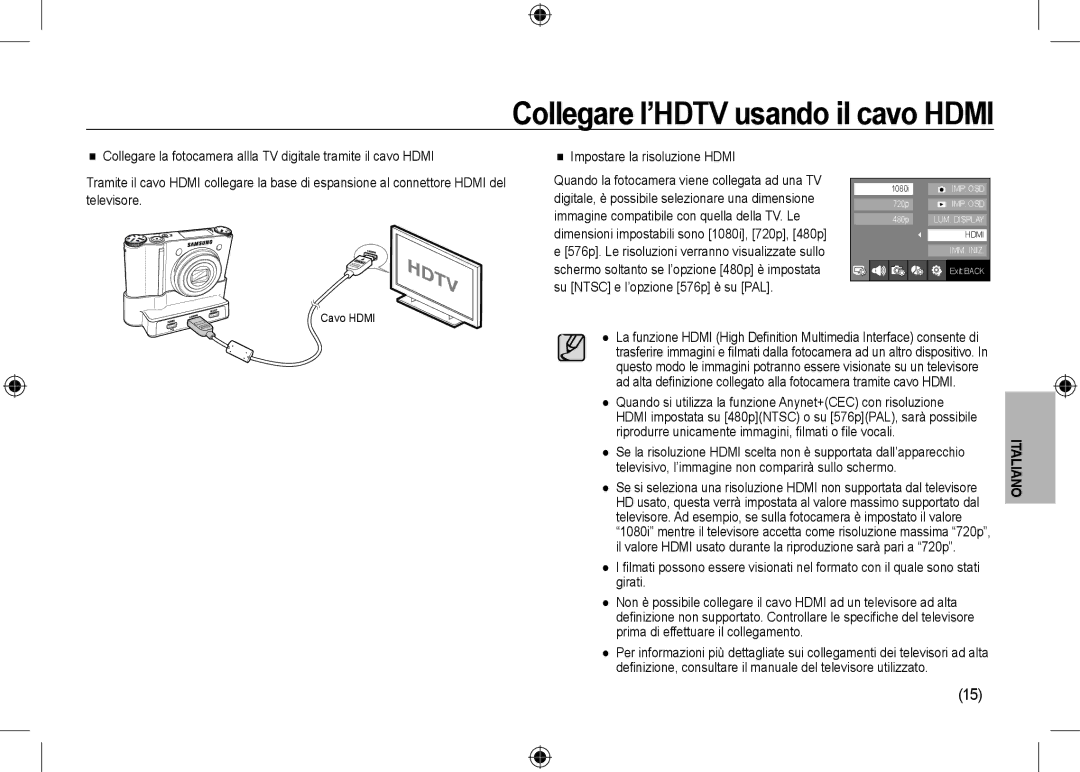 Samsung EC-NV24HBBA/VN, EC-NV24HBBA/E3, EC-NV24HBBB/FR Collegare l’HDTV usando il cavo Hdmi, Impostare la risoluzione Hdmi 