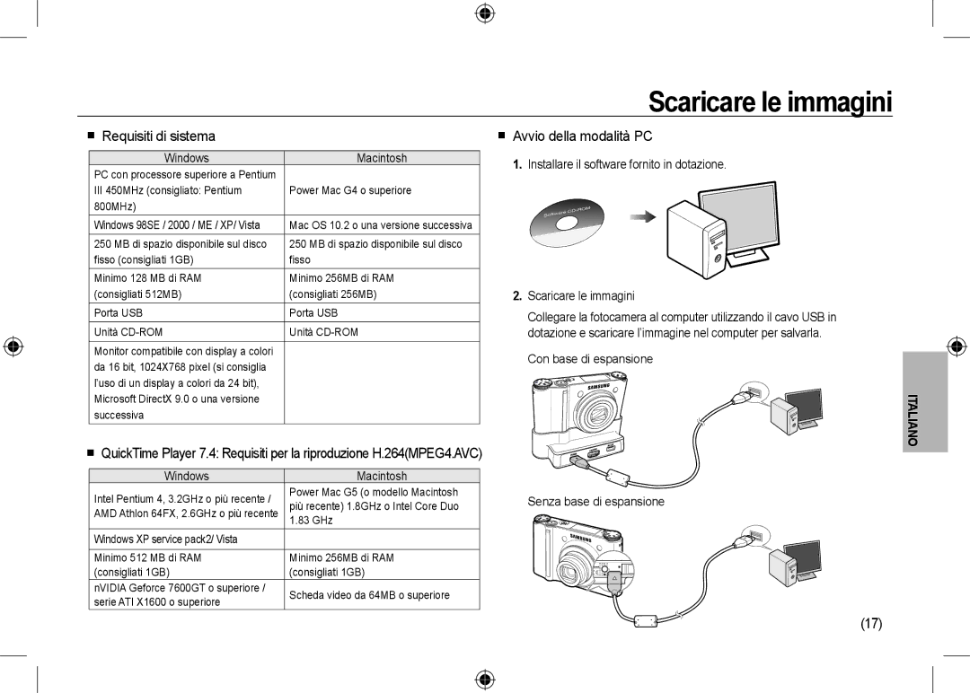 Samsung EC-NV24HSBA/VN, EC-NV24HBBA/E3 manual Scaricare le immagini,  Requisiti di sistema,  Avvio della modalità PC 