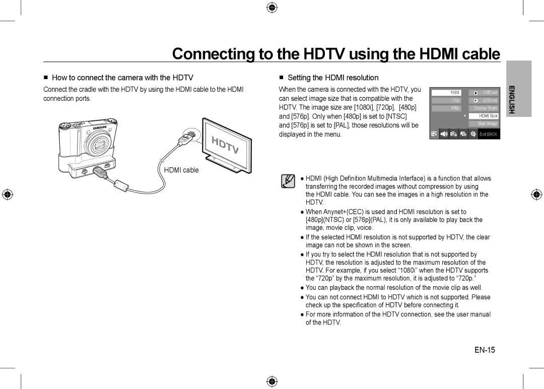 Samsung EC-NV24HSBA/E1, EC-NV24HBBA/E3, EC-NV24HBBB/FR, EC-NV24HBBA/E2 Connecting to the Hdtv using the Hdmi cable, EN-15 