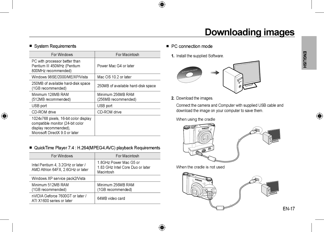 Samsung EC-NV24HBBC/E1, EC-NV24HBBA/E3 manual Downloading images,  System Requirements,  PC connection mode, EN-17 