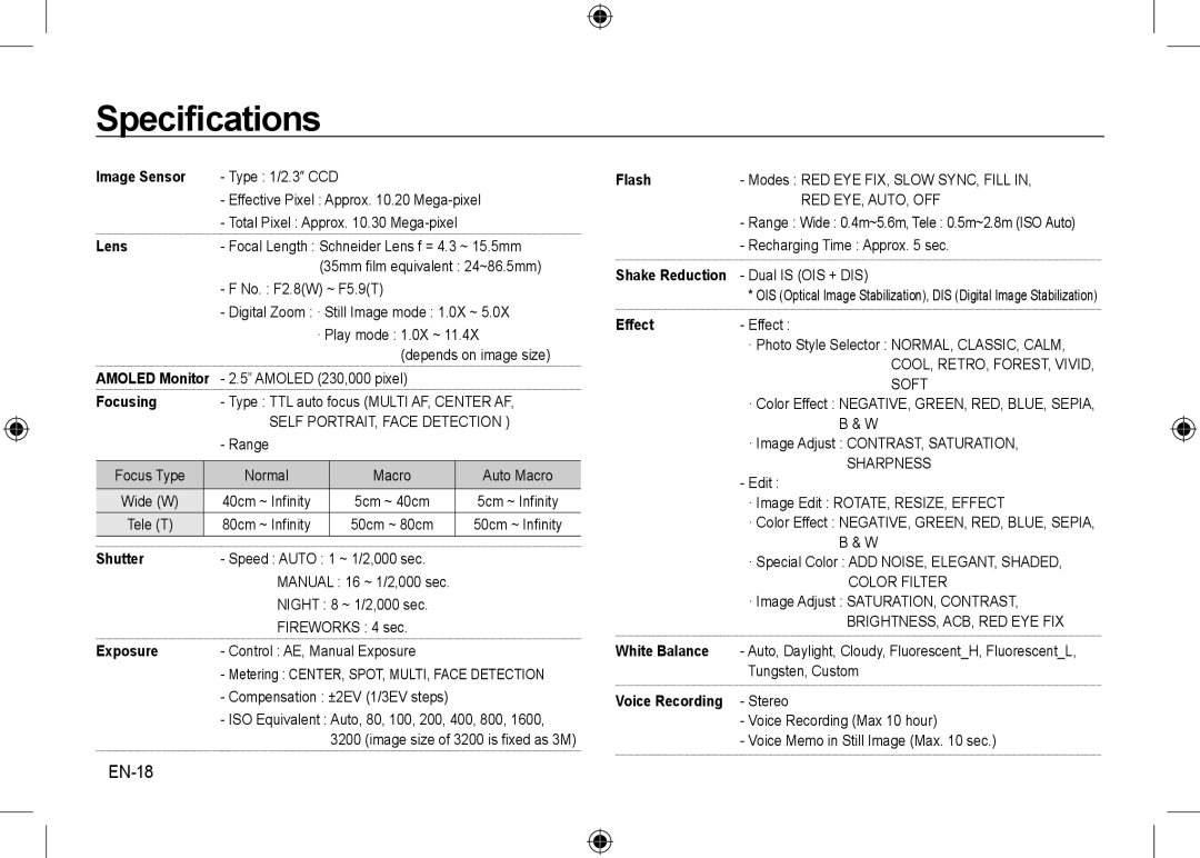 Samsung EC-NV24HBBA/E1, EC-NV24HBBA/E3, EC-NV24HBBB/FR, EC-NV24HBBA/E2, EC-NV24HSBA/FR, EC-NV24HSBA/E3 Speciﬁcations, EN-18 