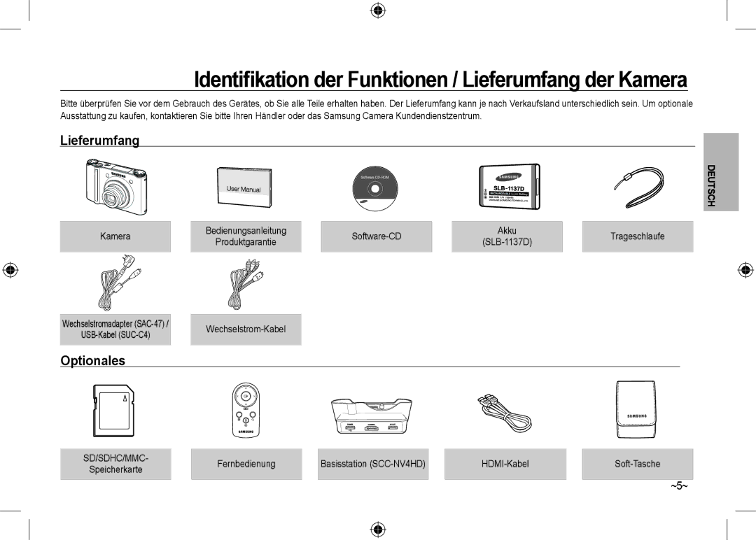 Samsung EC-NV24HSBD/E3, EC-NV24HBBA/E3, EC-NV24HBBB/FR, EC-NV24HBBA/E2, EC-NV24HSBA/FR manual Lieferumfang, Optionales, ~5~ 