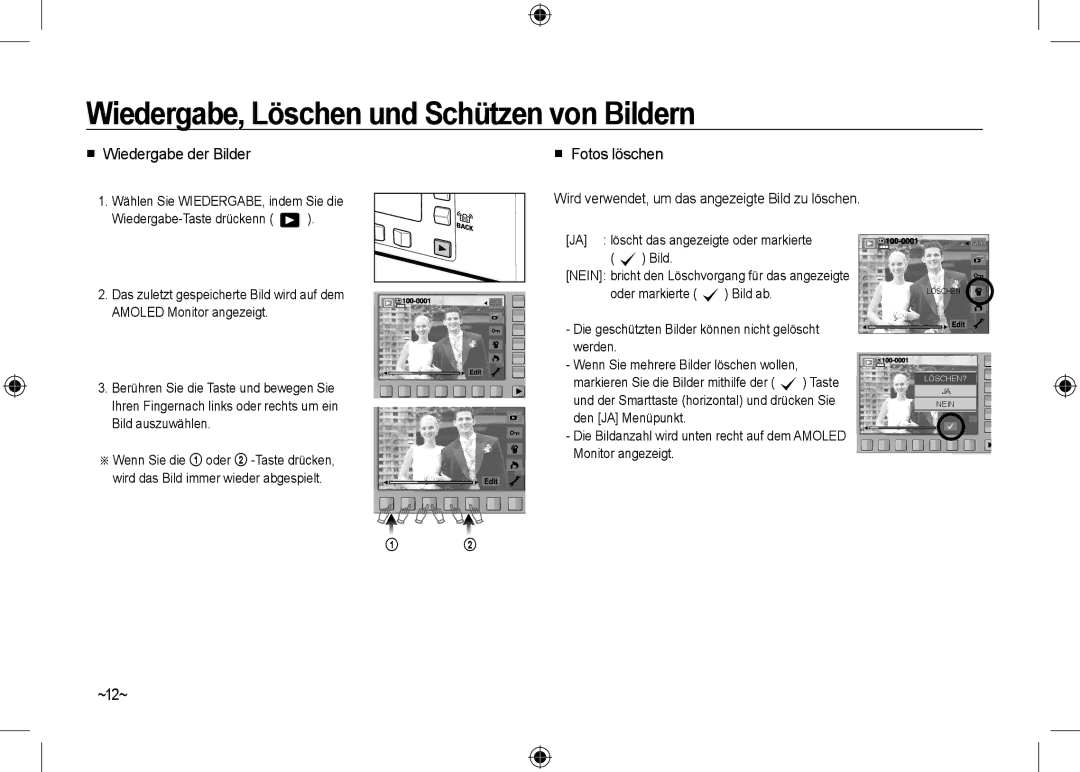 Samsung EC-NV24HBBB/RU manual Wiedergabe, Löschen und Schützen von Bildern,  Wiedergabe der Bilder,  Fotos löschen, ~12~ 