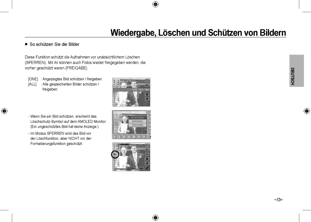 Samsung EC-NV24HSBA/RU, EC-NV24HBBA/E3 manual  So schützen Sie die Bilder, ~13~, Angezeigtes Bild schützen / freigeben 