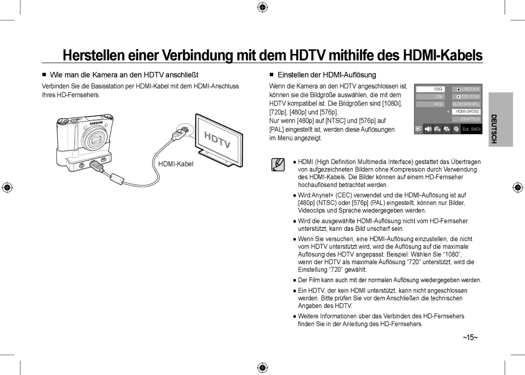 Samsung EC-NV24HBBA/E3 manual  Wie man die Kamera an den Hdtv anschließt,  Einstellen der HDMI-Auﬂösung, ~15~, HDMI-Kabel 