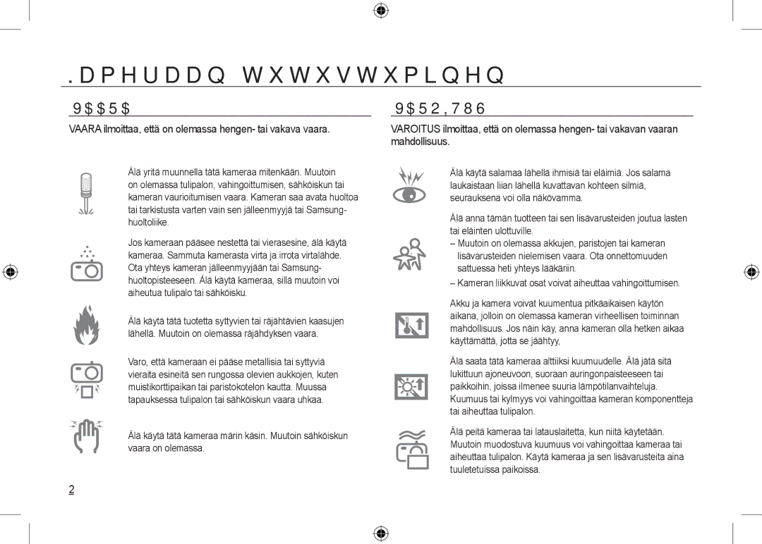 Samsung EC-NV24HBBA/FR, EC-NV24HBBA/E3, EC-NV24HBBB/FR manual Vaara ilmoittaa, että on olemassa hengen- tai vakava vaara 