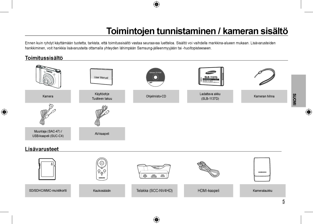 Samsung EC-NV24HBBB/E1, EC-NV24HBBA/E3, EC-NV24HBBB/FR manual Toimitussisältö, Lisävarusteet, Telakka SCC-NV4HD HDMI-kaapeli 