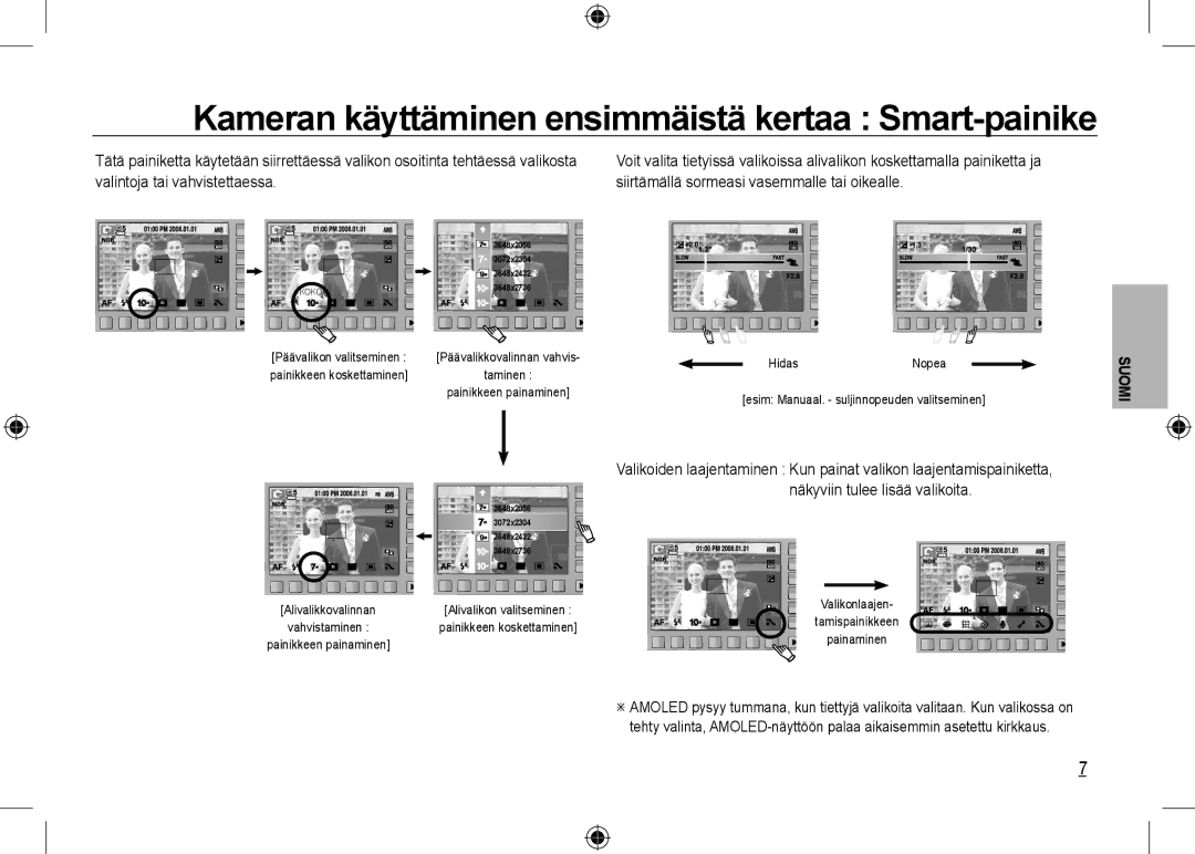 Samsung EC-NV24HSBC/IT, EC-NV24HBBA/E3 manual Kameran käyttäminen ensimmäistä kertaa Smart-painike, Painikkeen koskettaminen 