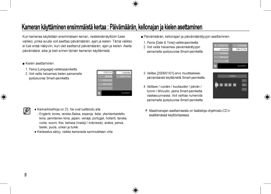 Samsung EC-NV24HBBC/IT, EC-NV24HBBA/E3 manual Päivämäärän, kellonajan ja päivämäärätyypin asettaminen, Kielen asettaminen 