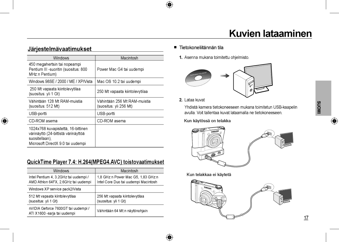 Samsung EC-NV24HSBE/AS Kuvien lataaminen, Järjestelmävaatimukset, QuickTime Player 7.4 H.264MPEG4.AVC toistovaatimukset 