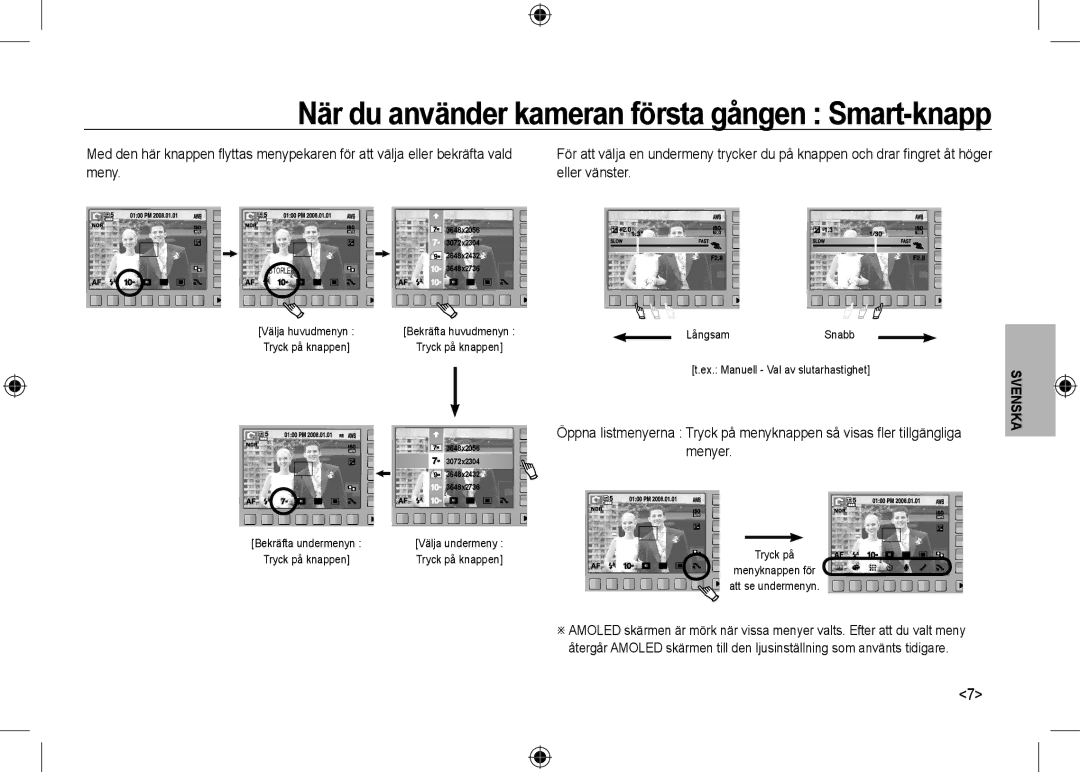 Samsung EC-NV24HBBA/RU manual När du använder kameran första gången Smart-knapp, Välja huvudmenyn Bekräfta huvudmenyn 