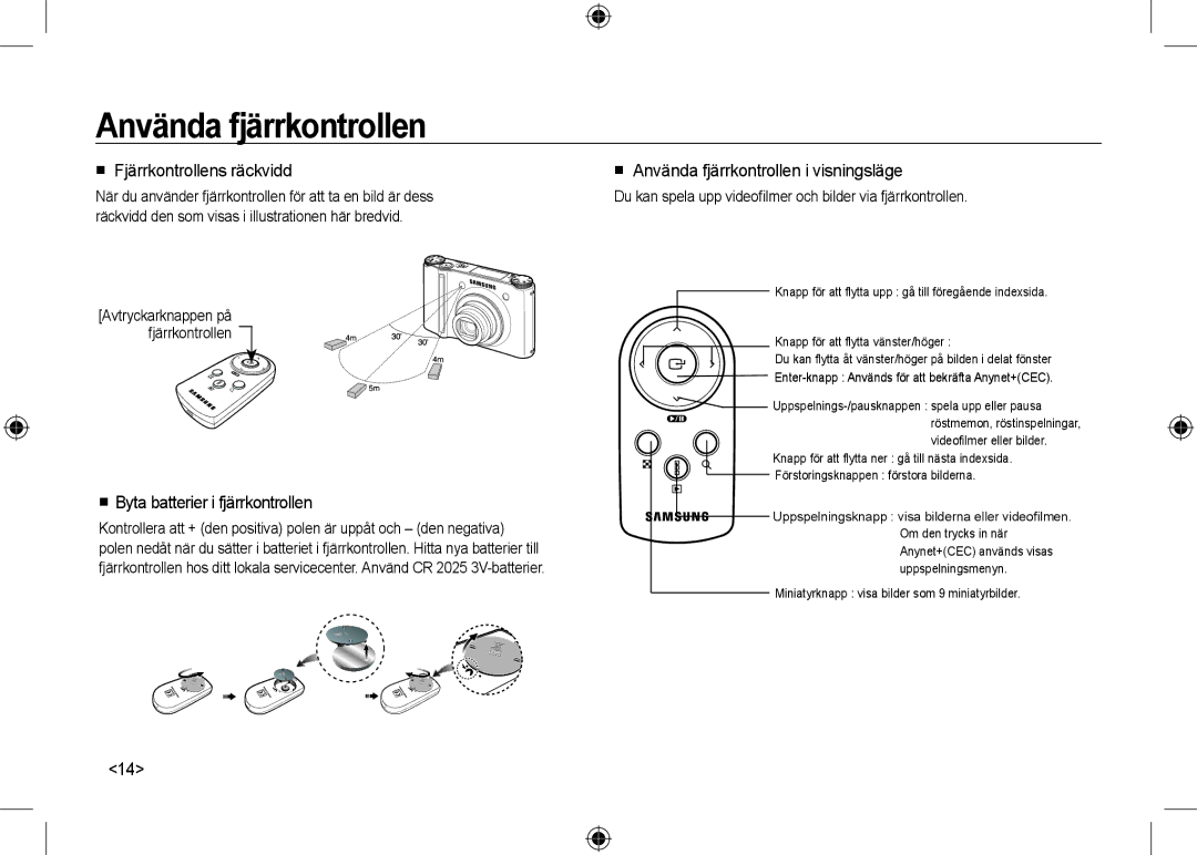 Samsung EC-NV24HBBA/E2 manual Använda fjärrkontrollen,  Fjärrkontrollens räckvidd,  Byta batterier i fjärrkontrollen 