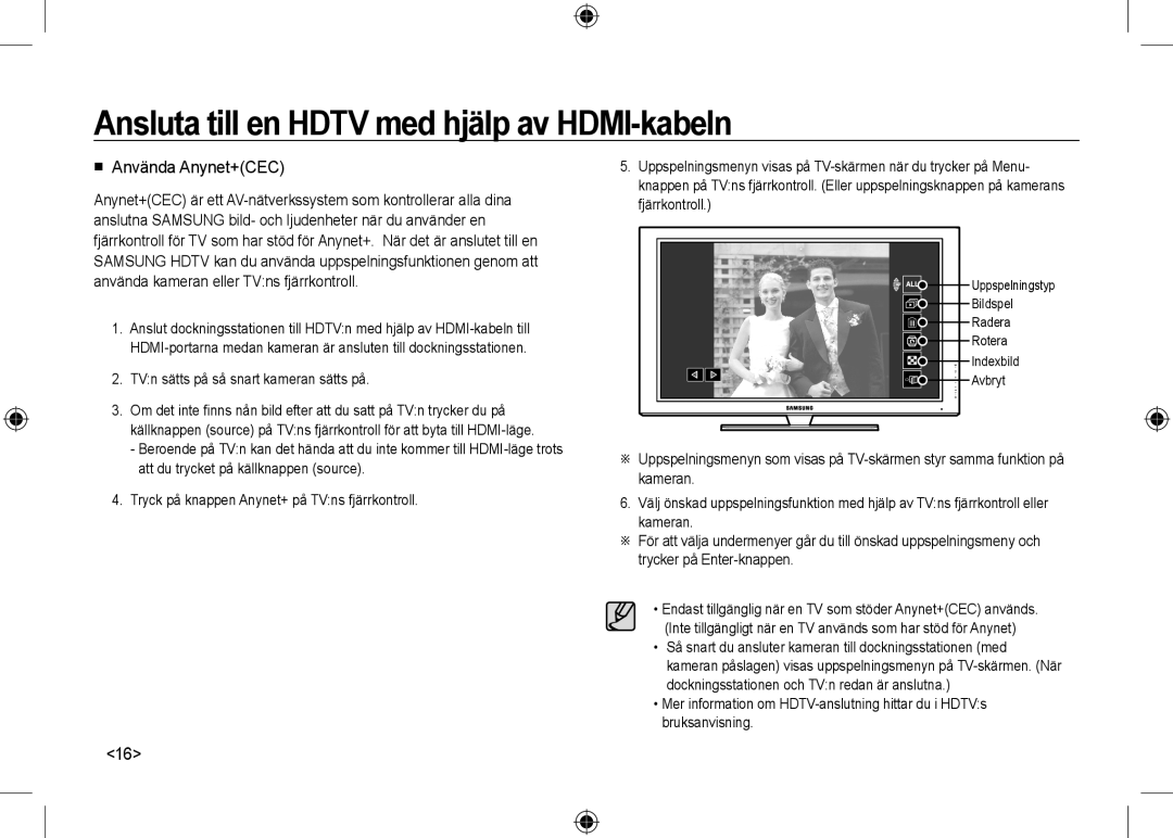 Samsung EC-NV24HSBA/E3, EC-NV24HBBA/E3, EC-NV24HBBB/FR manual  Använda Anynet+CEC, TVn sätts på så snart kameran sätts på 