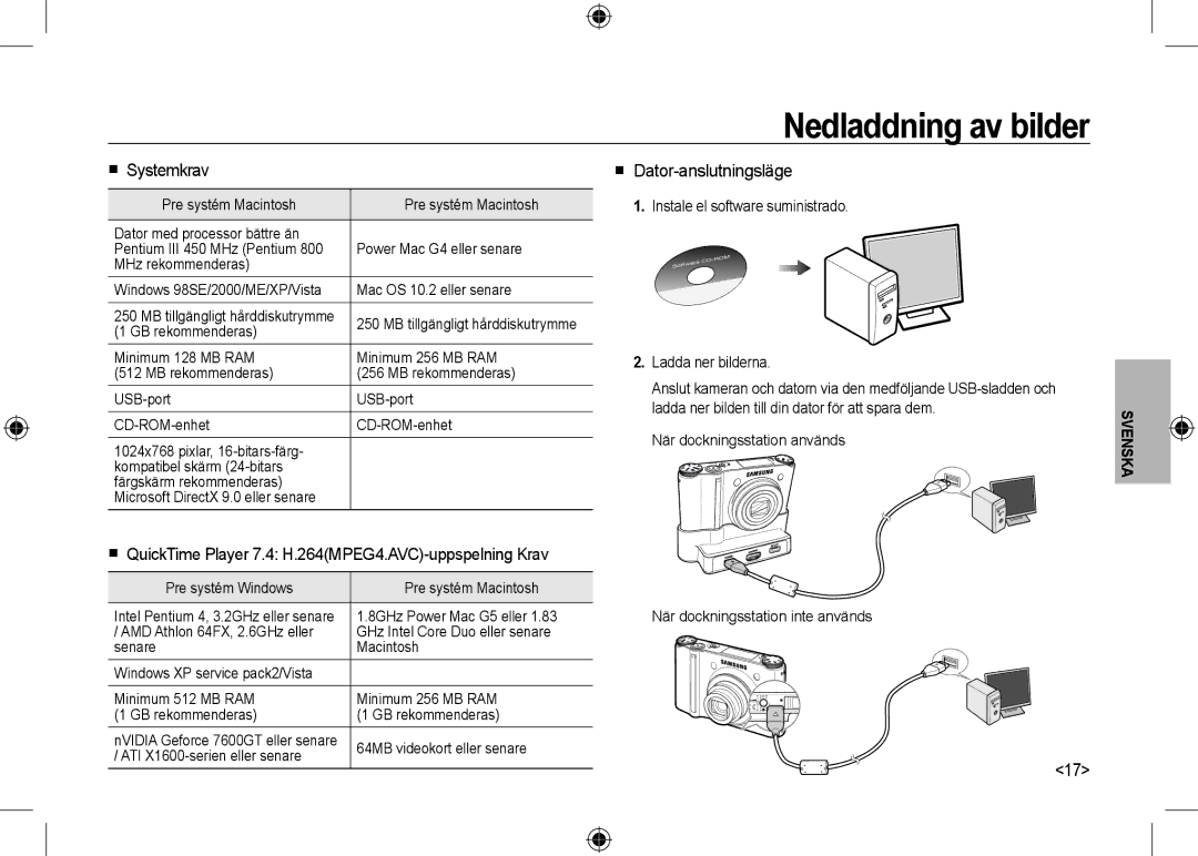 Samsung EC-NV24HSBA/E2 manual Nedladdning av bilder,  Systemkrav,  QuickTime Player 7.4 H.264MPEG4.AVC-uppspelning Krav 