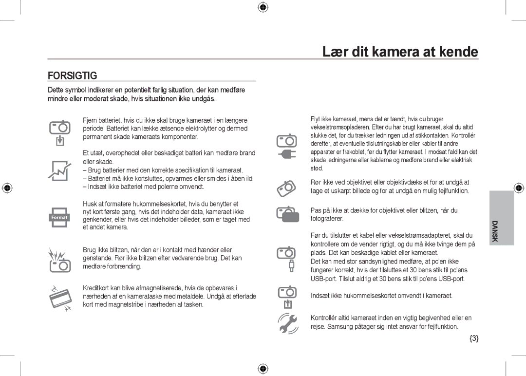 Samsung EC-NV24HSBB/IT, EC-NV24HBBA/E3, EC-NV24HBBB/FR manual Forsigtig, Indsæt ikke hukommelseskortet omvendt i kameraet 