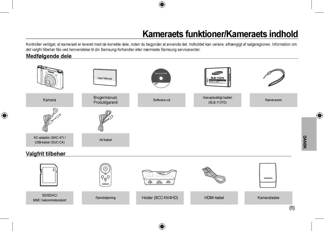 Samsung EC-NV24HBBC/IT, EC-NV24HBBA/E3 Medfølgende dele, Valgfrit tilbehør, Kamera Brugermanual, Produktgaranti 