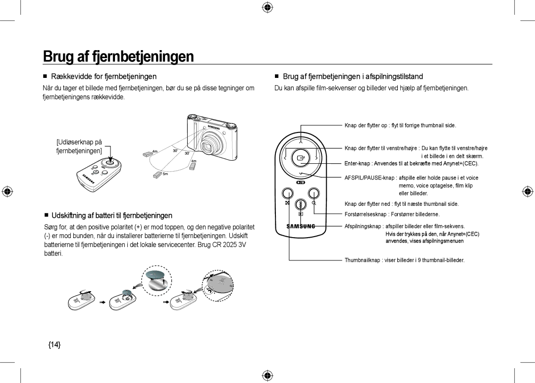 Samsung EC-NV24HSBE/AS, EC-NV24HBBA/E3, EC-NV24HBBB/FR manual Brug af fjernbetjeningen,  Rækkevidde for fjernbetjeningen 