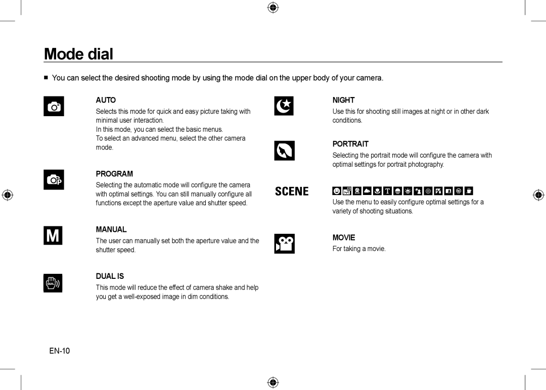 Samsung EC-NV24HBBB/E1, EC-NV24HBBA/E3, EC-NV24HBBB/FR, EC-NV24HBBA/E2, EC-NV24HSBA/FR Mode dial, EN-10, For taking a movie 