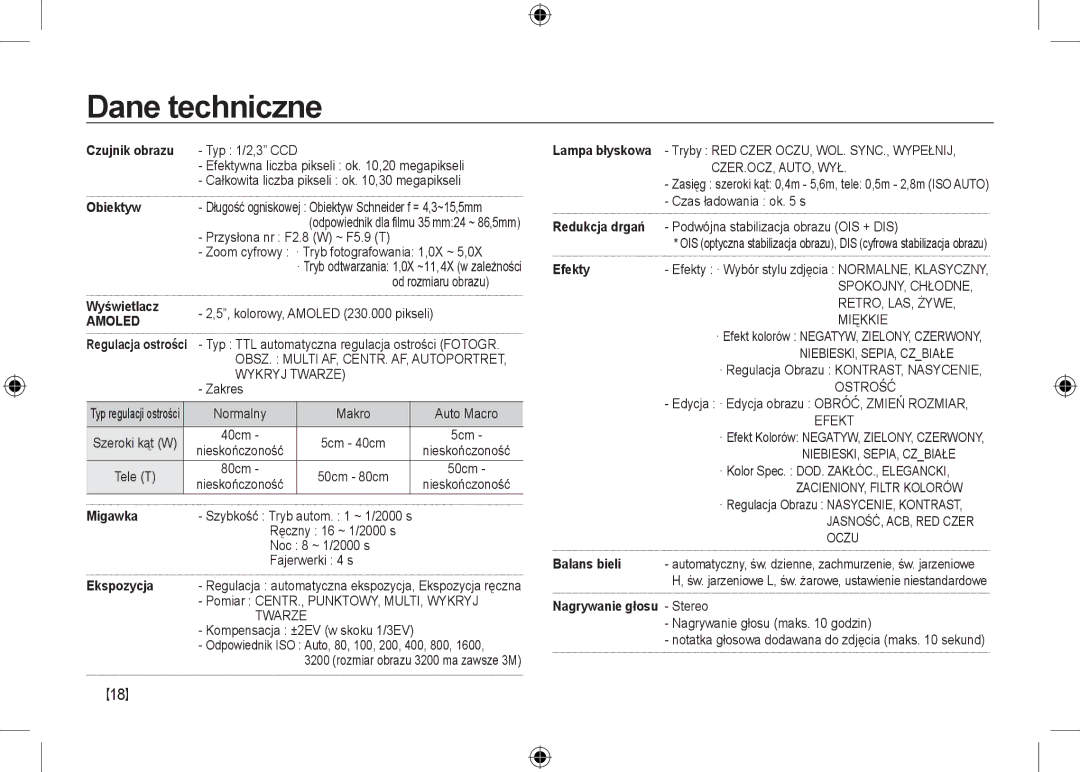 Samsung EC-NV24HSBC/AS, EC-NV24HBBA/E3, EC-NV24HBBB/FR, EC-NV24HBBA/E2, EC-NV24HSBA/FR, EC-NV24HSBA/E3 manual Dane techniczne 