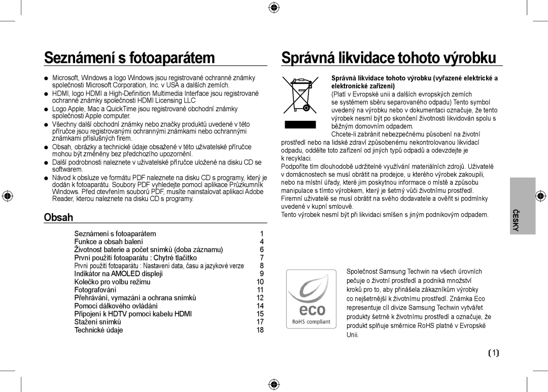 Samsung EC-NV24HBBD/E2, EC-NV24HBBA/E3 manual Seznámení s fotoaparátem, Správná likvidace tohoto výrobku, Recyklaci 