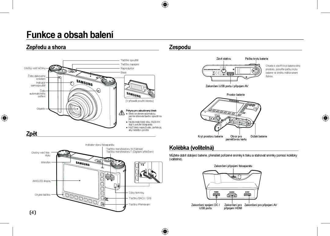 Samsung EC-NV24HBBA/RU, EC-NV24HBBA/E3 manual Funkce a obsah balení, Zepředu a shora Zespodu, Zpět, Kolébka volitelná 