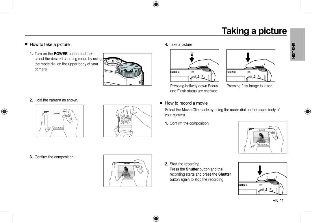 Samsung EC-NV24HSBB/IT Taking a picture,  How to take a picture,  How to record a movie, EN-11, Flash status are checked 