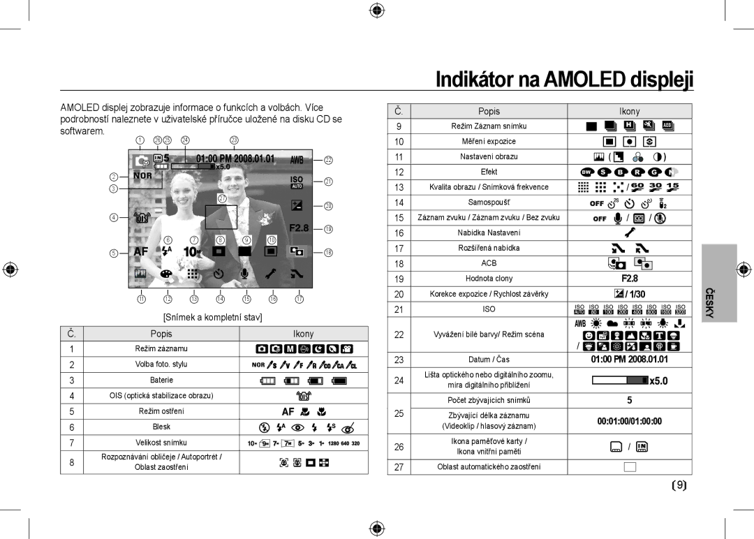 Samsung EC-NV24HBBA/E3, EC-NV24HBBB/FR, EC-NV24HBBA/E2 manual Indikátor na Amoled displeji, Softwarem, Ikony, 0100 PM 