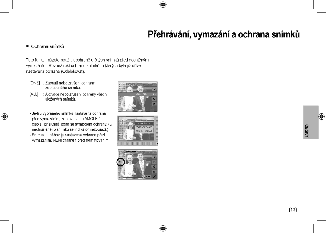 Samsung EC-NV24HSBA/E3 manual  Ochrana snímků, Zapnutí nebo zrušení ochrany, Zobrazeného snímku, Uložených snímků 