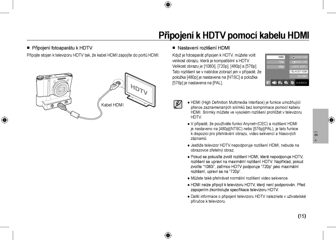 Samsung EC-NV24HBBA/GB Připojení k Hdtv pomocí kabelu Hdmi,  Připojení fotoaparátu k Hdtv,  Nastavení rozlišení Hdmi 