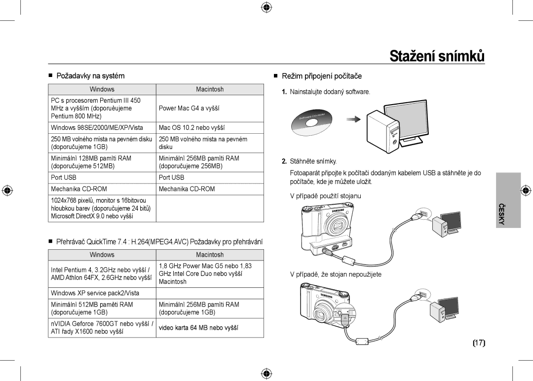 Samsung EC-NV24HSBB/E1, EC-NV24HBBA/E3, EC-NV24HBBB/FR Stažení snímků,  Požadavky na systém,  Režim připojení počítače 