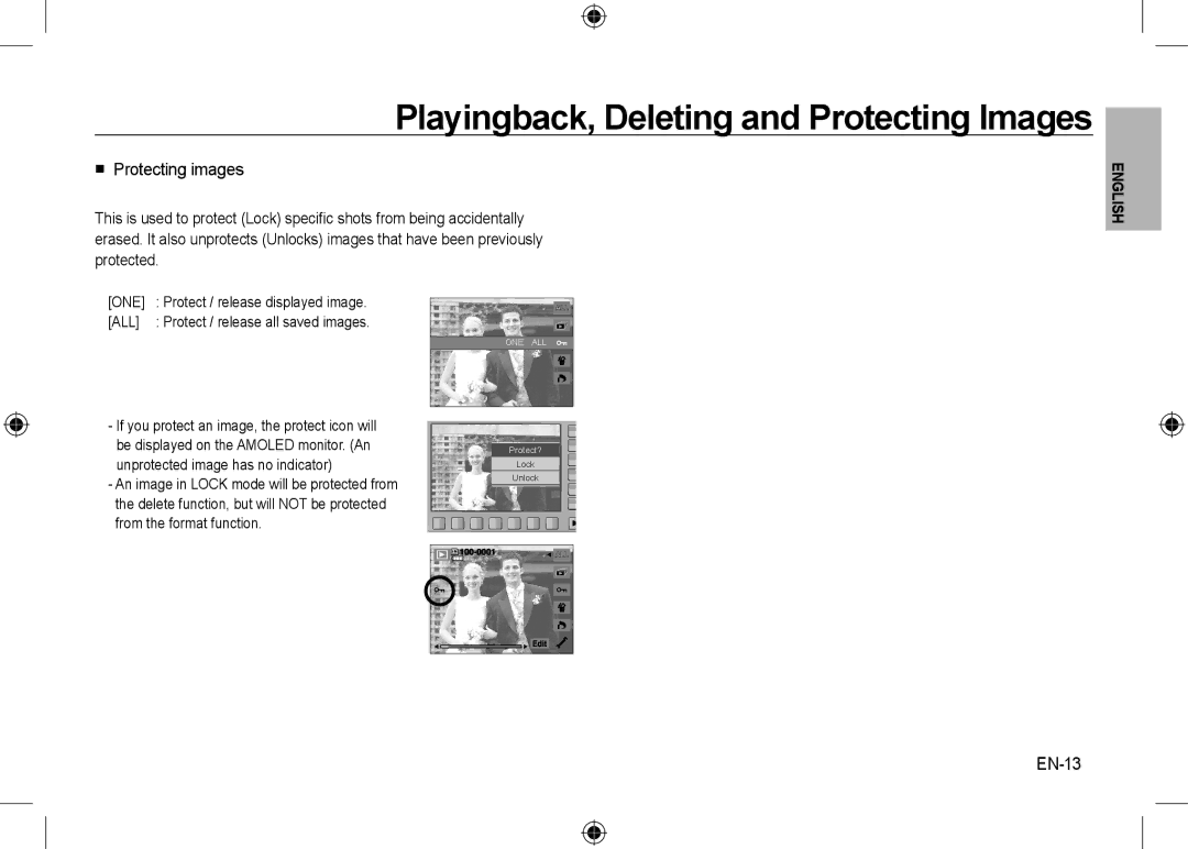 Samsung EC-NV24HBBC/IT, EC-NV24HBBA/E3 manual  Protecting images, EN-13, One, All, Unprotected image has no indicator 