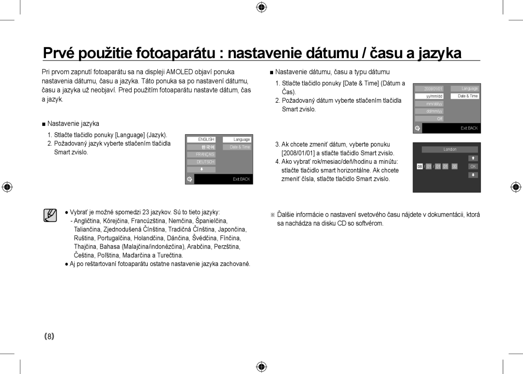 Samsung EC-NV24HBBB/AS, EC-NV24HBBA/E3 manual Prvé použitie fotoaparátu nastavenie dátumu / času a jazyka, Nastavenie jazyka 