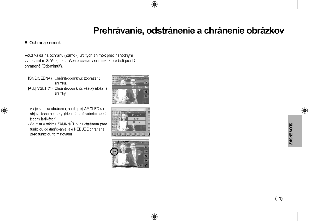 Samsung EC-NV24HBBC/AS manual  Ochrana snímok, 13, ONEJedna Chrániť/odomknúť zobrazenú Snímku, Žiadny indikátor 