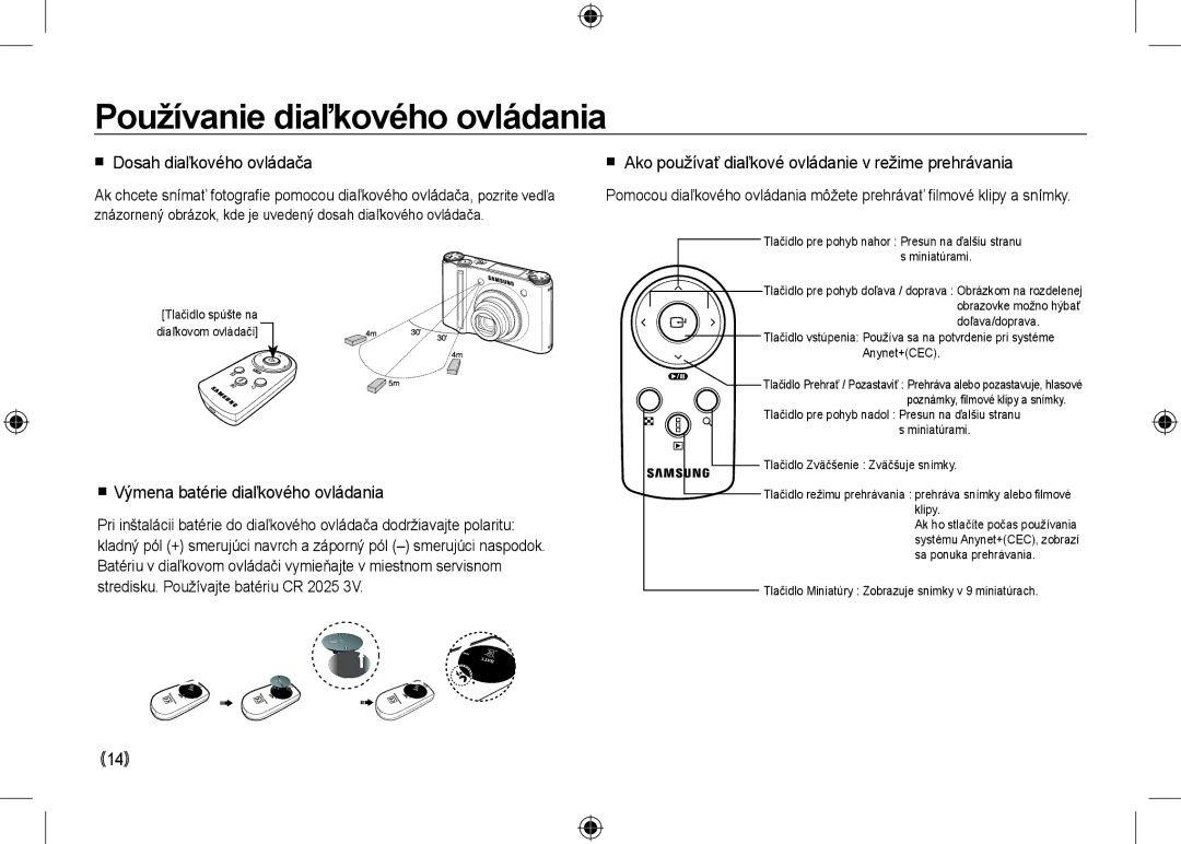 Samsung EC-NV24HSBA/VN Používanie diaľkového ovládania,  Dosah diaľkového ovládača,  Výmena batérie diaľkového ovládania 