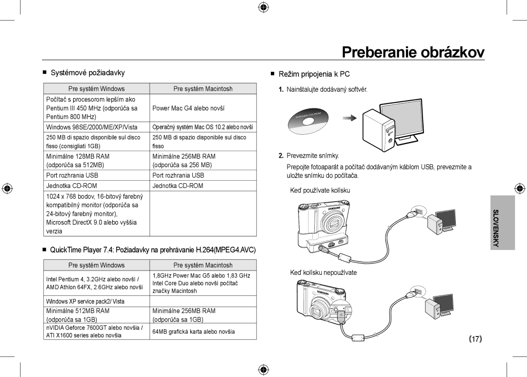 Samsung EC-NV24HBBD/E3, EC-NV24HBBA/E3 manual Preberanie obrázkov,  Systémové požiadavky,  Režim pripojenia k PC, 17 