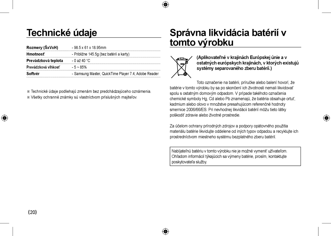 Samsung EC-NV24HSBB/RU, EC-NV24HBBA/E3, EC-NV24HBBB/FR manual Správna likvidácia batérií v tomto výrobku, 20, Softvér 