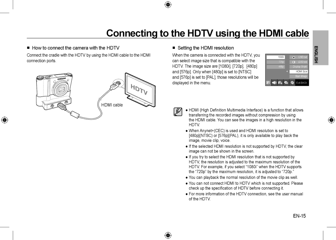 Samsung EC-NV24HSBA/E1, EC-NV24HBBA/E3, EC-NV24HBBB/FR, EC-NV24HBBA/E2 Connecting to the Hdtv using the Hdmi cable, EN-15 