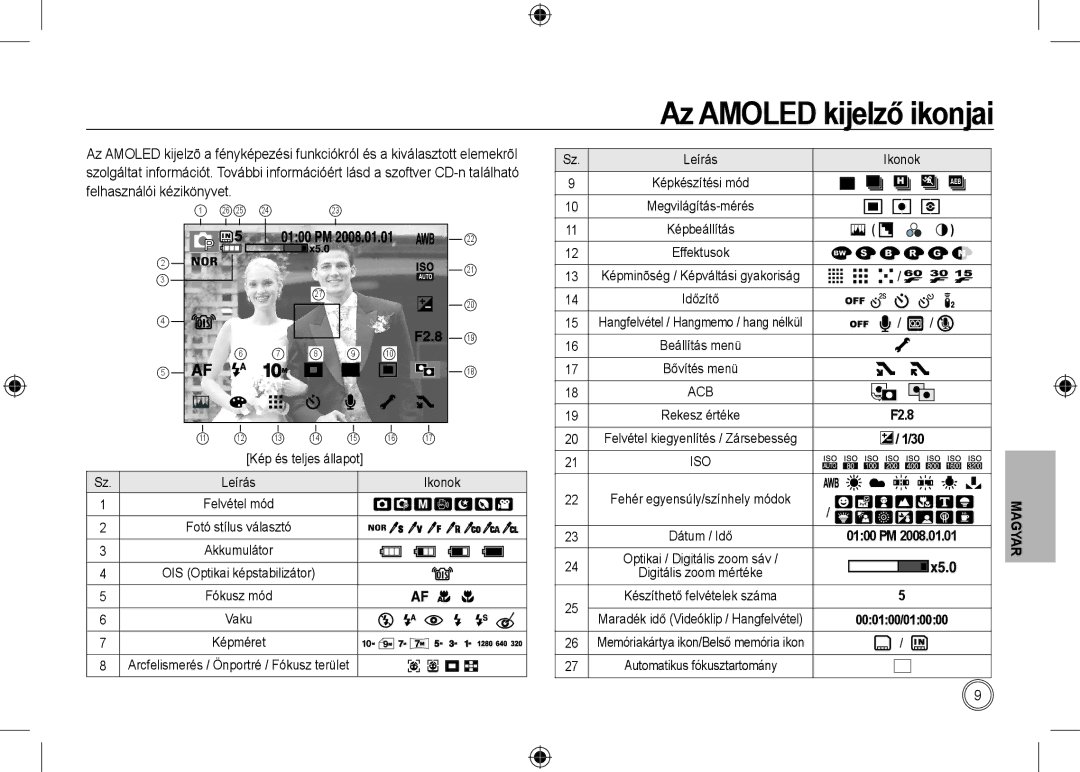 Samsung EC-NV24HSBA/FR, EC-NV24HBBA/E3, EC-NV24HBBB/FR Az Amoled kijelző ikonjai, Kép és teljes állapot, Leírás Ikonok 