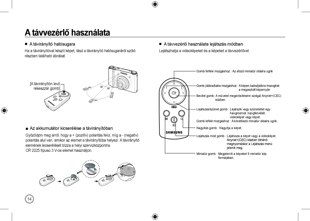 Samsung EC-NV24HSBB/E1 Távvezérlő használata,  a távirányító hatósugara,  Az akkumulátor kicserélése a távirányítóban 