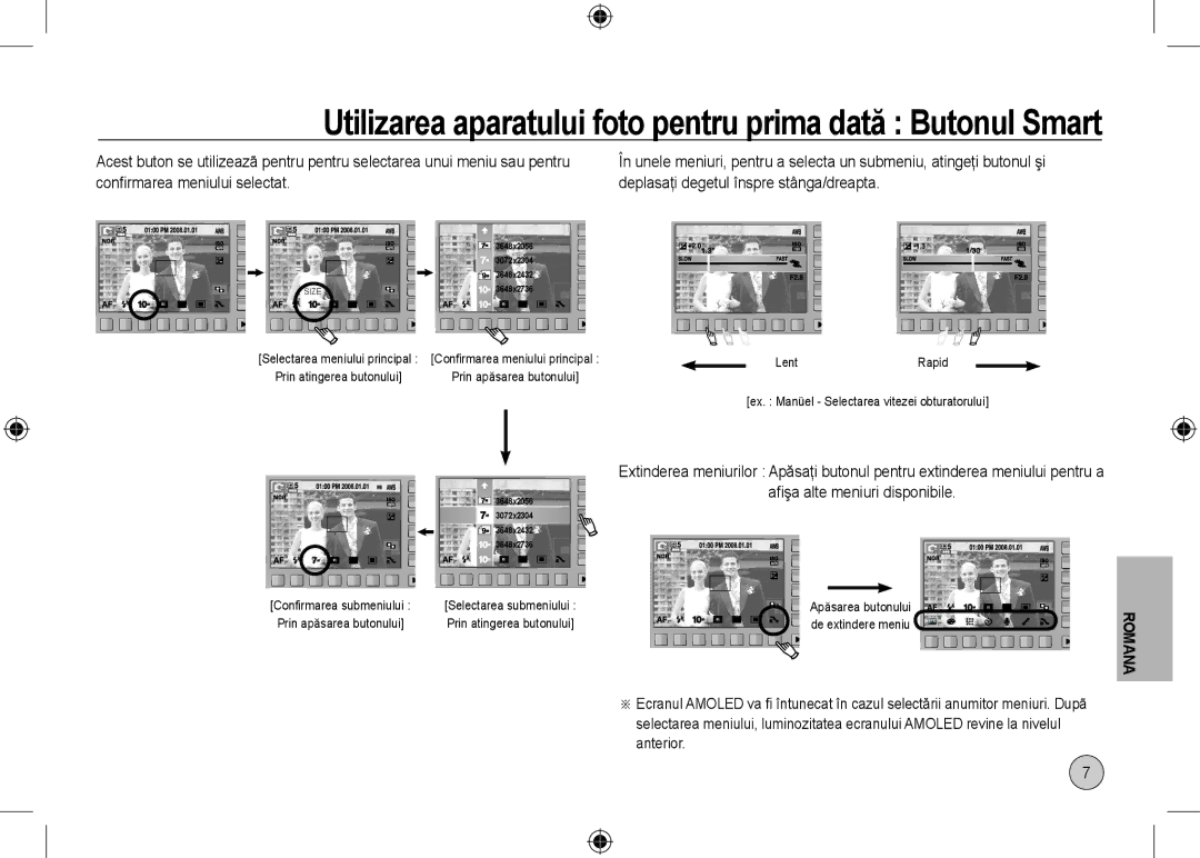 Samsung EC-NV24HSBB/AS manual Utilizarea aparatului foto pentru prima dată Butonul Smart, Afişa alte meniuri disponibile 