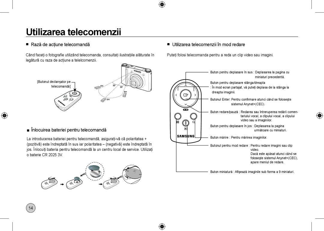 Samsung EC-NV24HBBD/E3 Utilizarea telecomenzii,  Rază de acţiune telecomandă,  Înlocuirea bateriei pentru telecomandă 