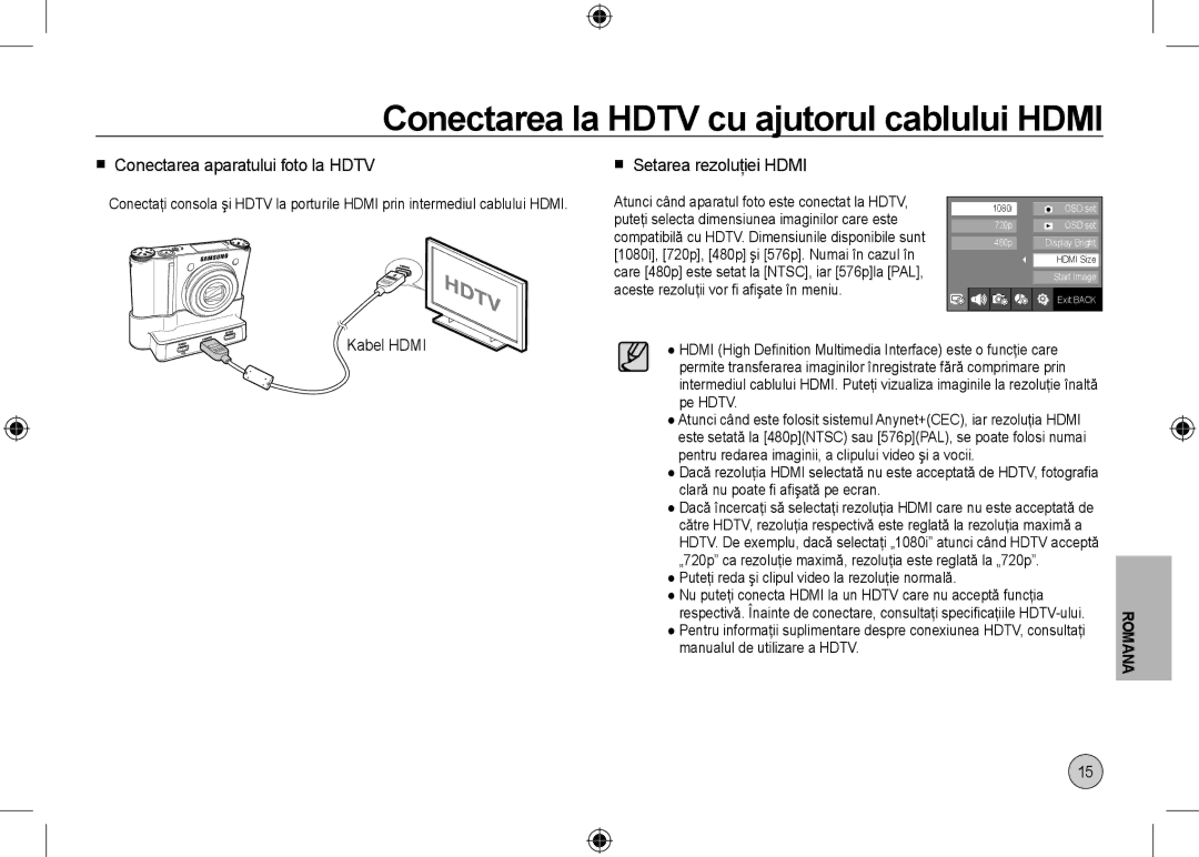 Samsung EC-NV24HBBD/E2, EC-NV24HBBA/E3 Conectarea la Hdtv cu ajutorul cablului Hdmi,  Conectarea aparatului foto la Hdtv 