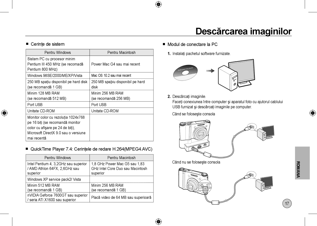 Samsung EC-NV24HSBB/RU, EC-NV24HBBA/E3 manual Descărcarea imaginilor,  Cerinţe de sistem,  Modul de conectare la PC 