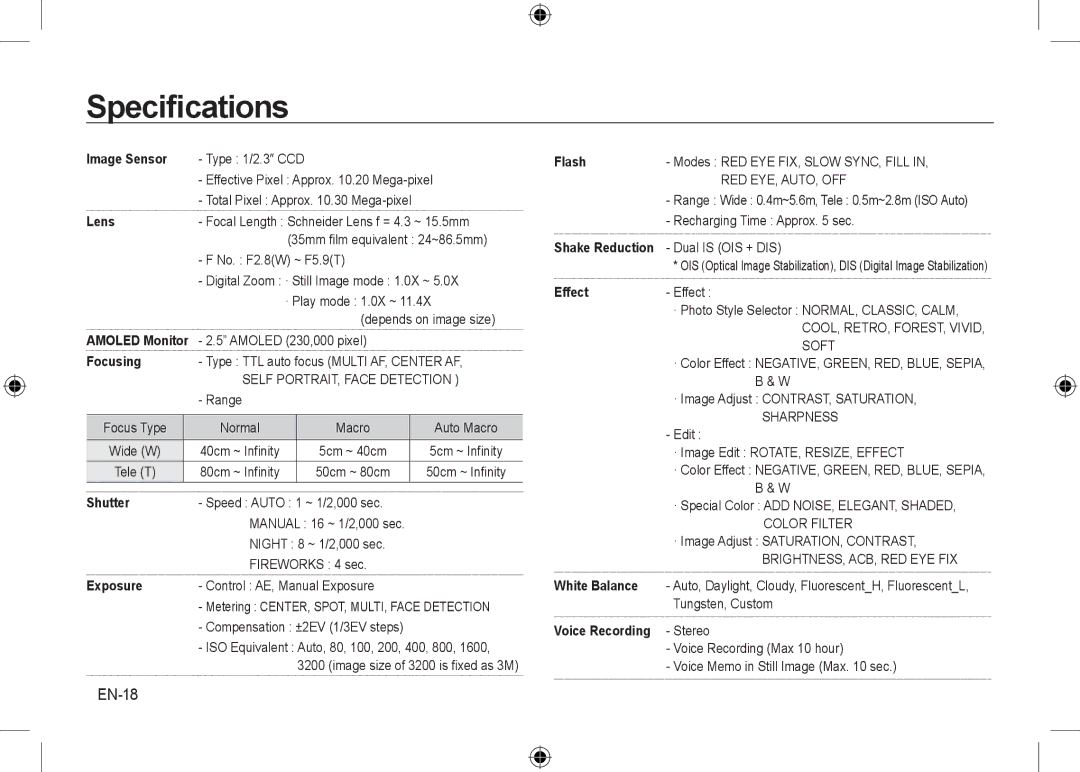 Samsung EC-NV24HBBA/E1, EC-NV24HBBA/E3, EC-NV24HBBB/FR, EC-NV24HBBA/E2, EC-NV24HSBA/FR, EC-NV24HSBA/E3 Speciﬁcations, EN-18 