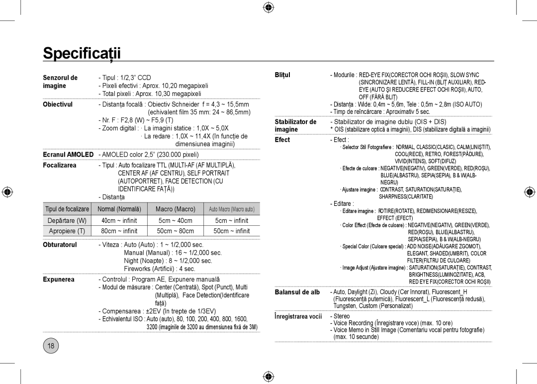 Samsung EC-NV24HBBA/RU, EC-NV24HBBA/E3, EC-NV24HBBB/FR, EC-NV24HBBA/E2, EC-NV24HSBA/FR, EC-NV24HSBA/E3 manual Specificaţii 