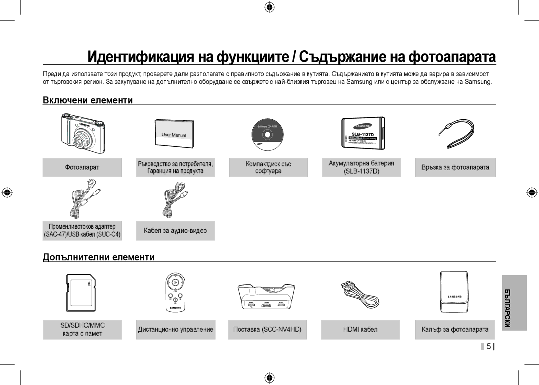 Samsung EC-NV24HBBA/E2, EC-NV24HBBA/E3, EC-NV24HBBB/FR Включени елементи, Допълнителни елементи, Фотоапарат, Sd/Sdhc/Mmc 