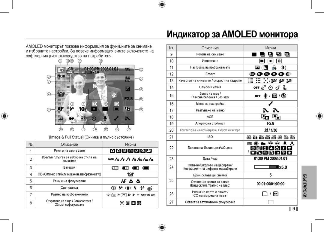 Samsung EC-NV24HBBA/GB, EC-NV24HBBA/E3, EC-NV24HBBB/FR, EC-NV24HBBA/E2, EC-NV24HSBA/FR Индикатор за Amoled монитора, Икони 